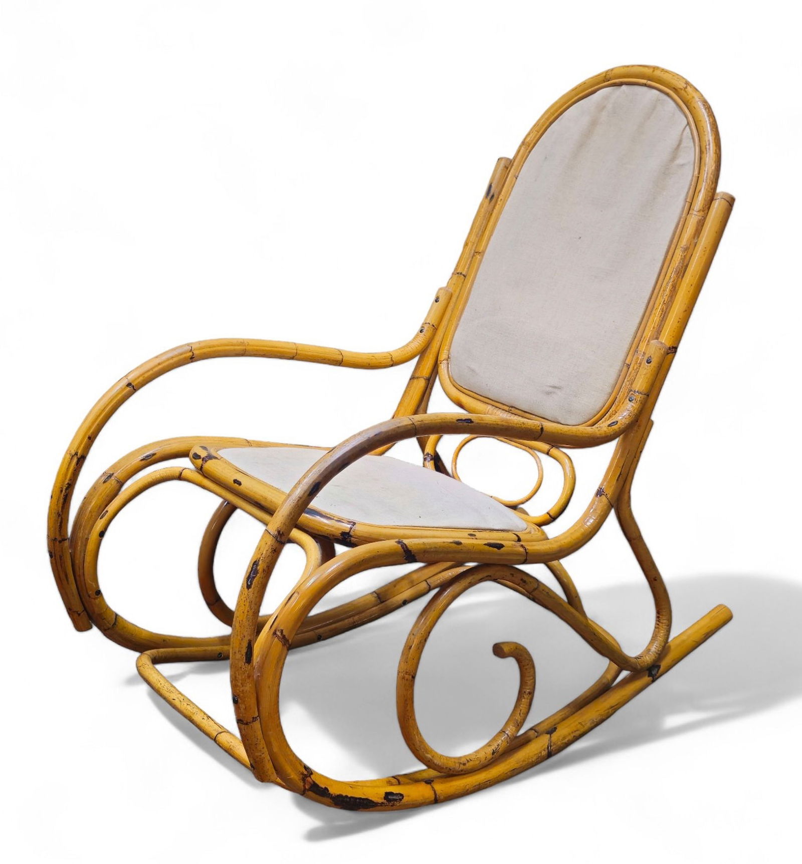 MCM Bamboo Rocker: MCM Bamboo Rocker. 1940s. Bamboo and linen. 21w x 38d x 29h, SH-17.