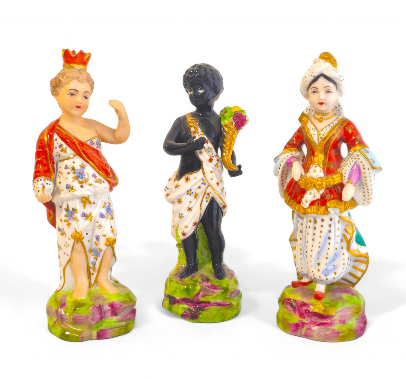 Mottahedeh Allegorical Porcelain Figurines: Mottahedeh Allegorical Porcelain Figurines. Set of 3. 20th century. Manufacturer's mark to underside. 2 1/2w x 2 1/4d x 7 1/4h.