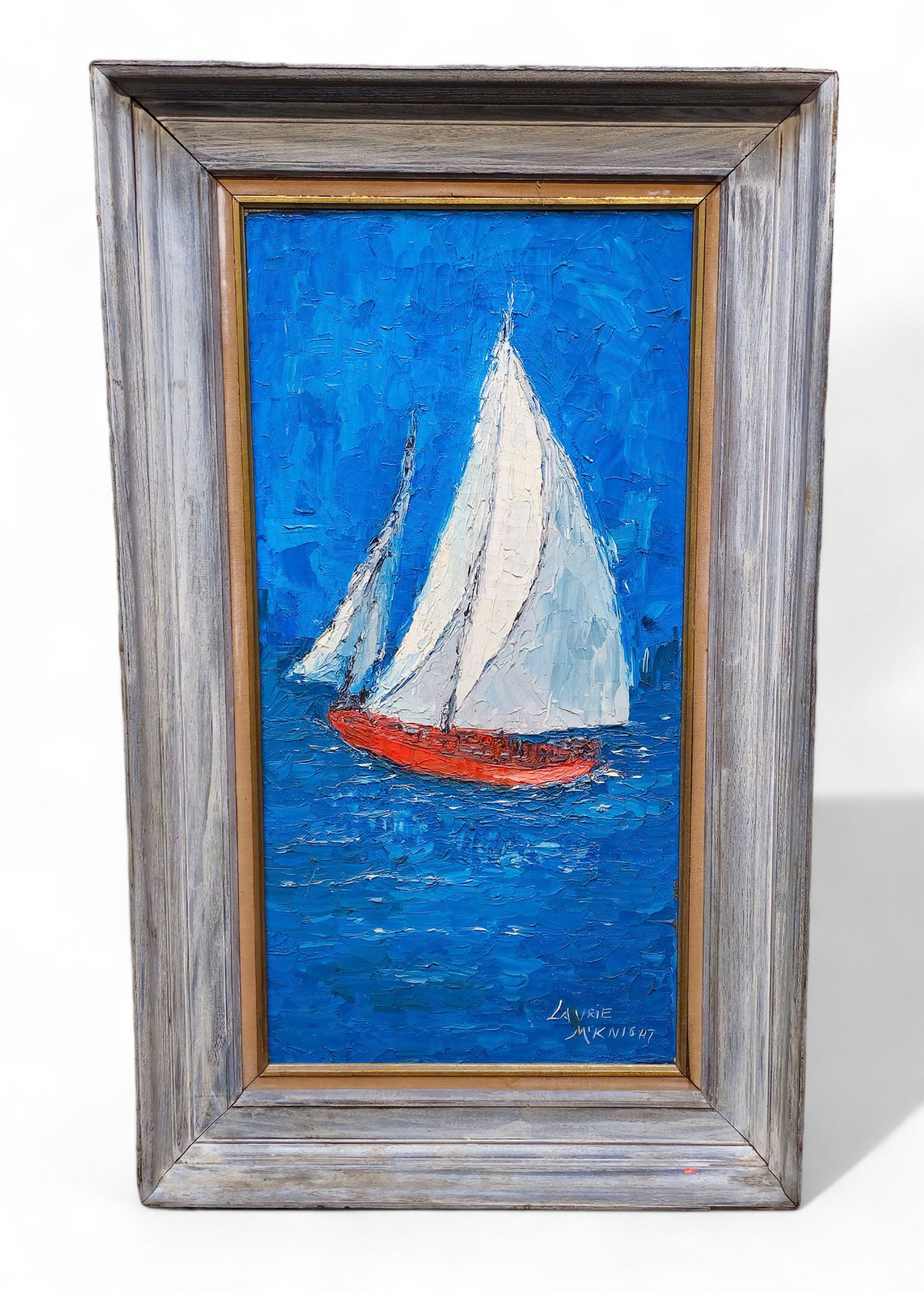 Laurie McKnight (20th Century, American) Oil, Impressionistic Boats: Oil on canvas, untitled, impressionistic sail boats. Signed lower right. Sight - 23 1/2 x 11 1/2. Frame - 30 1/4 x 18 1/4.