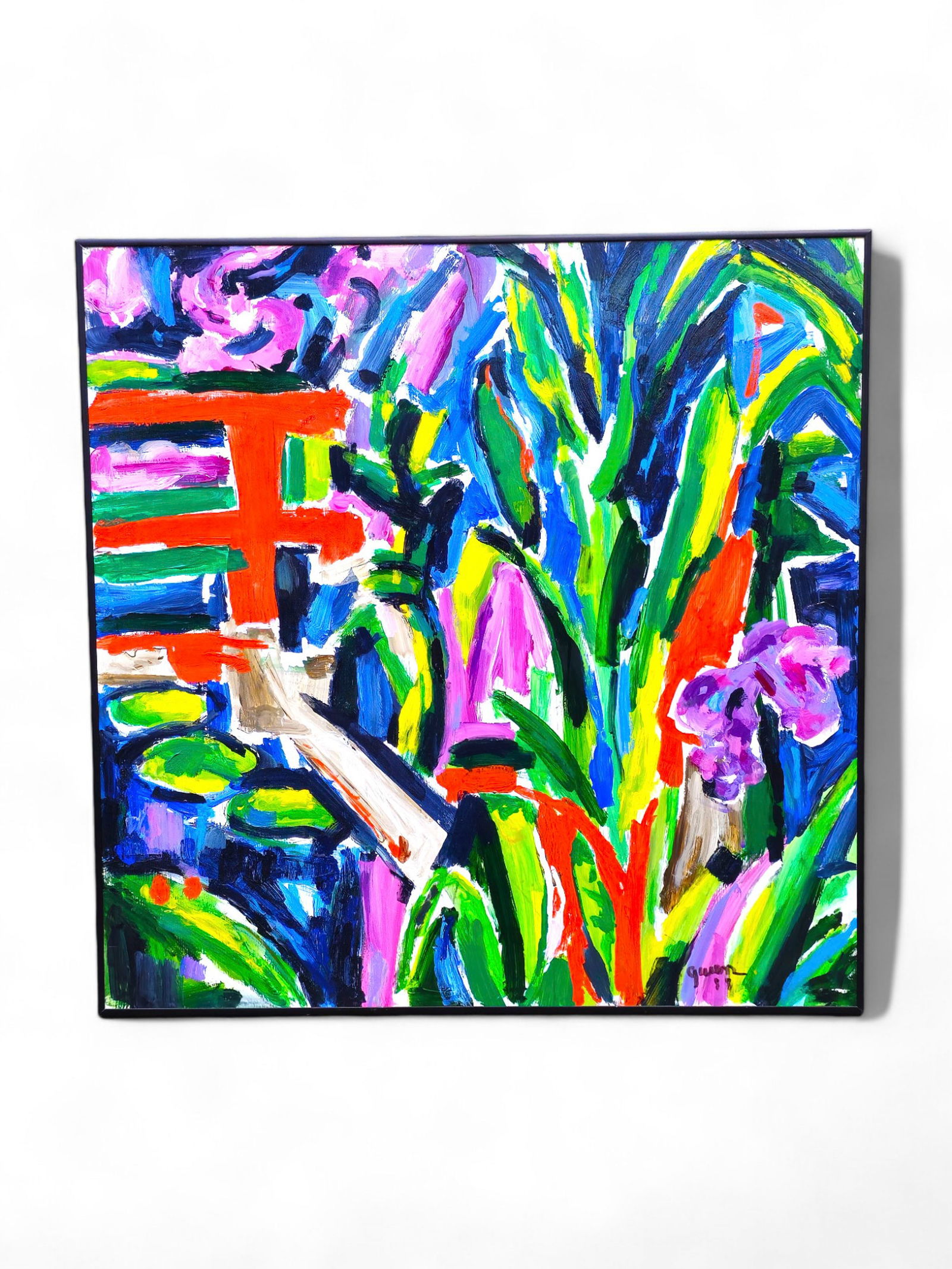 Gwen Doppler (1927-2021) Acrylic (IL,OH): Acrylic on masonite, "Bridge and Garden", signed and dated 1998 to lower right, title to verso. Sight-29 x 29, Frame-30.25 x 30.25