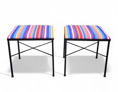 Pierre Paulin Stools: Stools/ benches, Pair. Thonet, France, 1954. Please see construction of CM141 desk. Retains original Thonet labels. Black lacquered metal, upholstery. 18w x 18d x 18h.