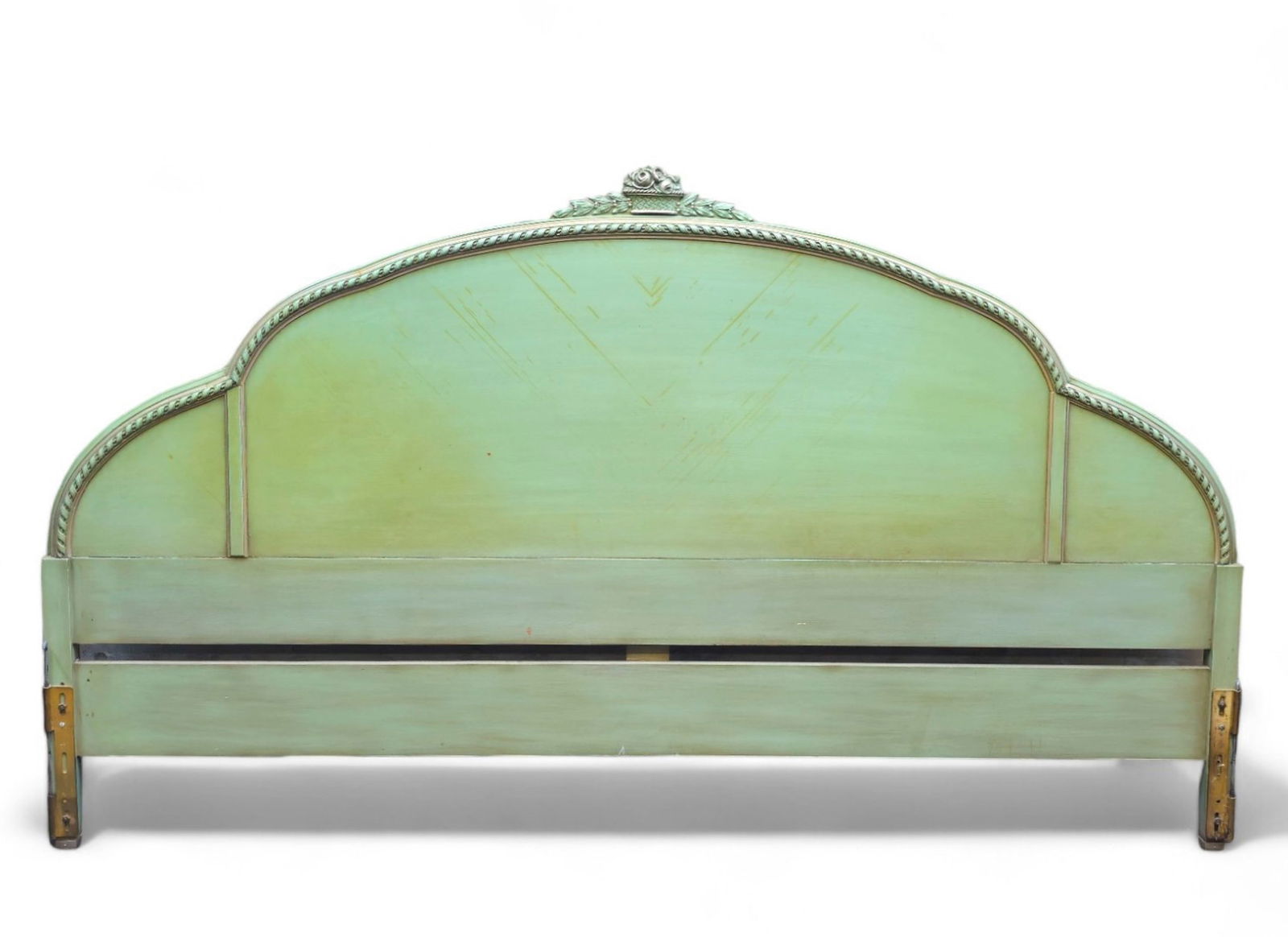 Swedish Mint Green King Size Headboard: Swedish Mint Green King Size Headboard. 2nd quarter of 20th century. Carved arch border with carved fruit basket center pediment. Silver accents. 80 1/2w x 2d x 47 3/4h.