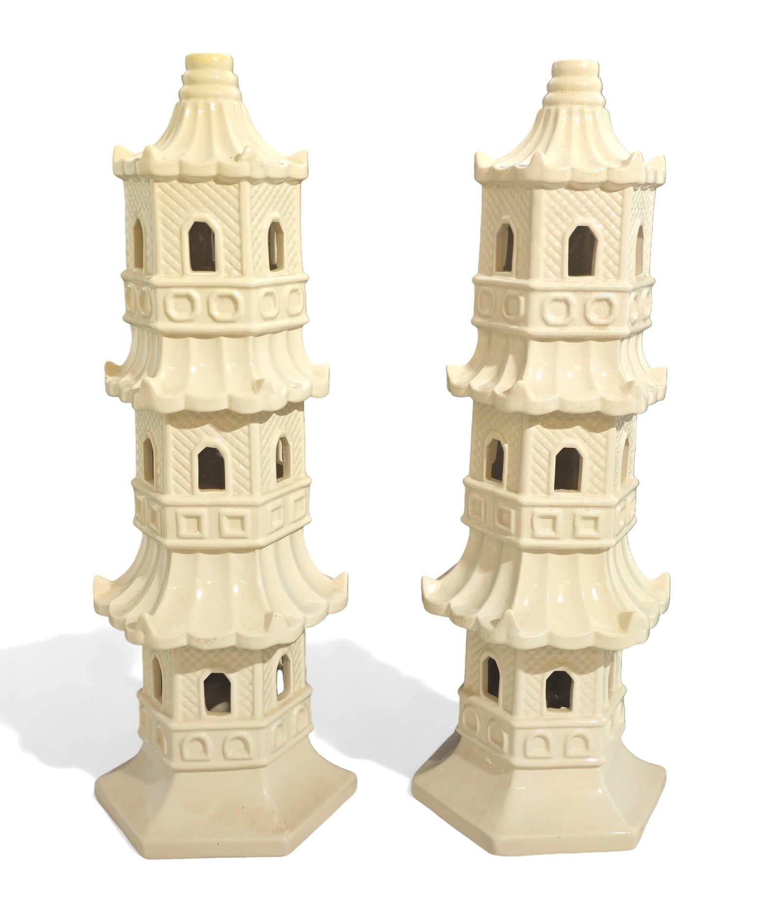 Italian Ceramic Pagoda Obelisk: Italian Ceramic Pagoda Obelisk. Pair. Italy. Glazed ceramic. 6 1/2w x 6d x 18 3/4h.