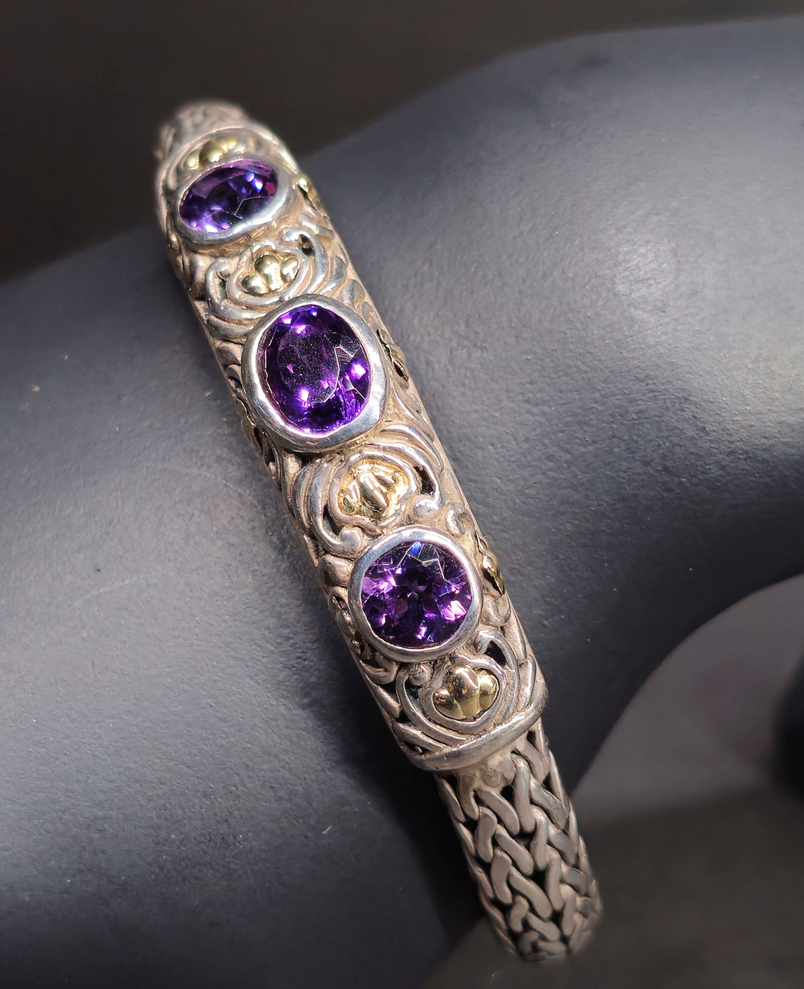 Signed Samuel Benham 18k Gold, Sterling & Amethyst Bracelet (1 of 5)