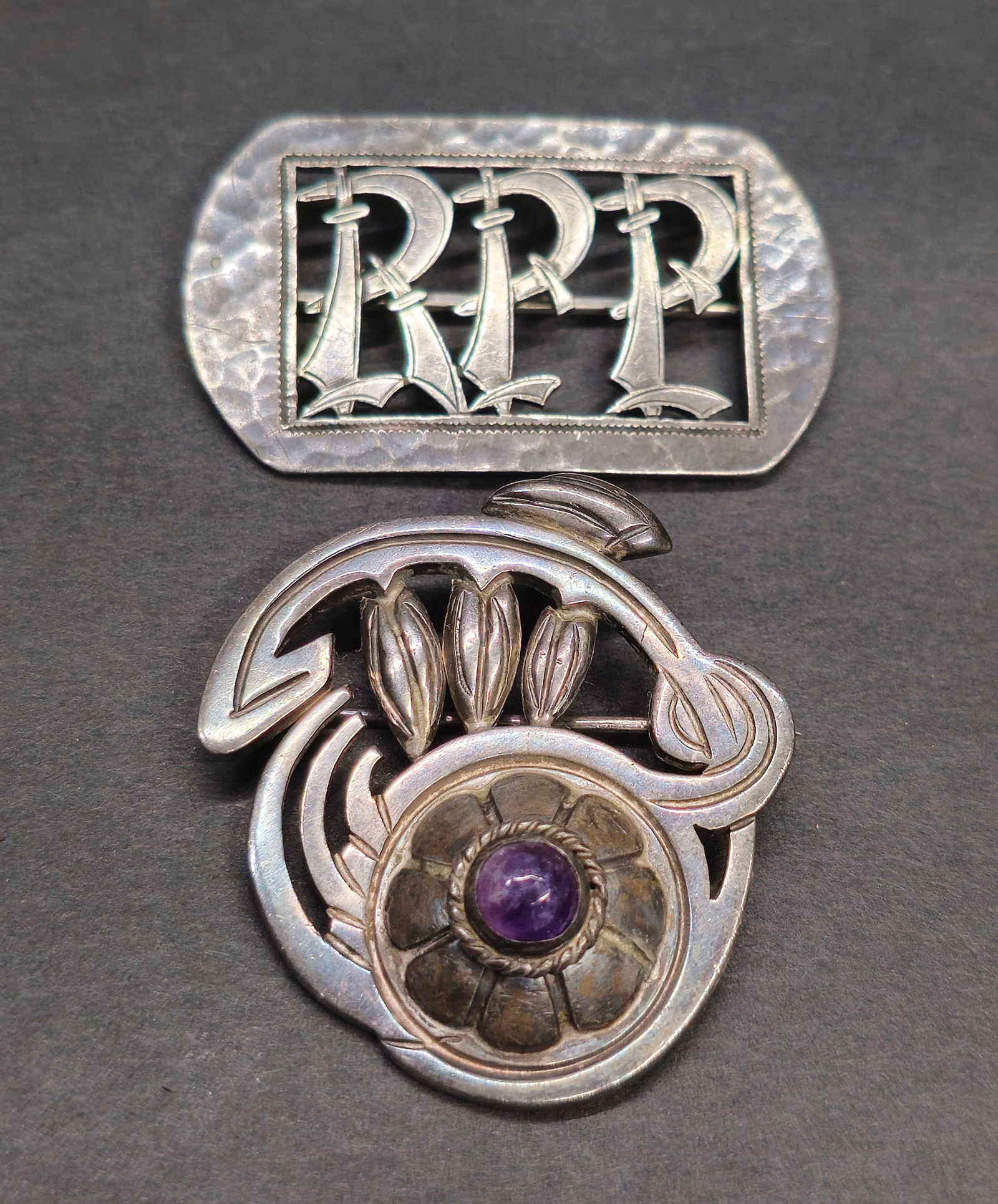 Margot De Taxco Sterling & Amethyst Pin & Hand Hammered Sterling Arts & Crafts Pin (1 of 7)