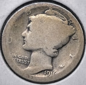 1916-D Mercury Silver Dime Coin Key Date