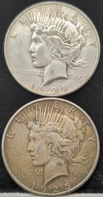 1925 & 1928-S Peace Silver Dollar Coins