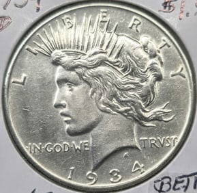1934-D Peace Silver Dollar Coin Uncirculated Semi Key Date