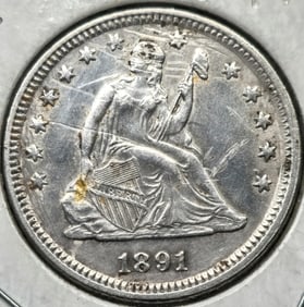 1891 Seated Liberty Silver Quarter Dollar Coin