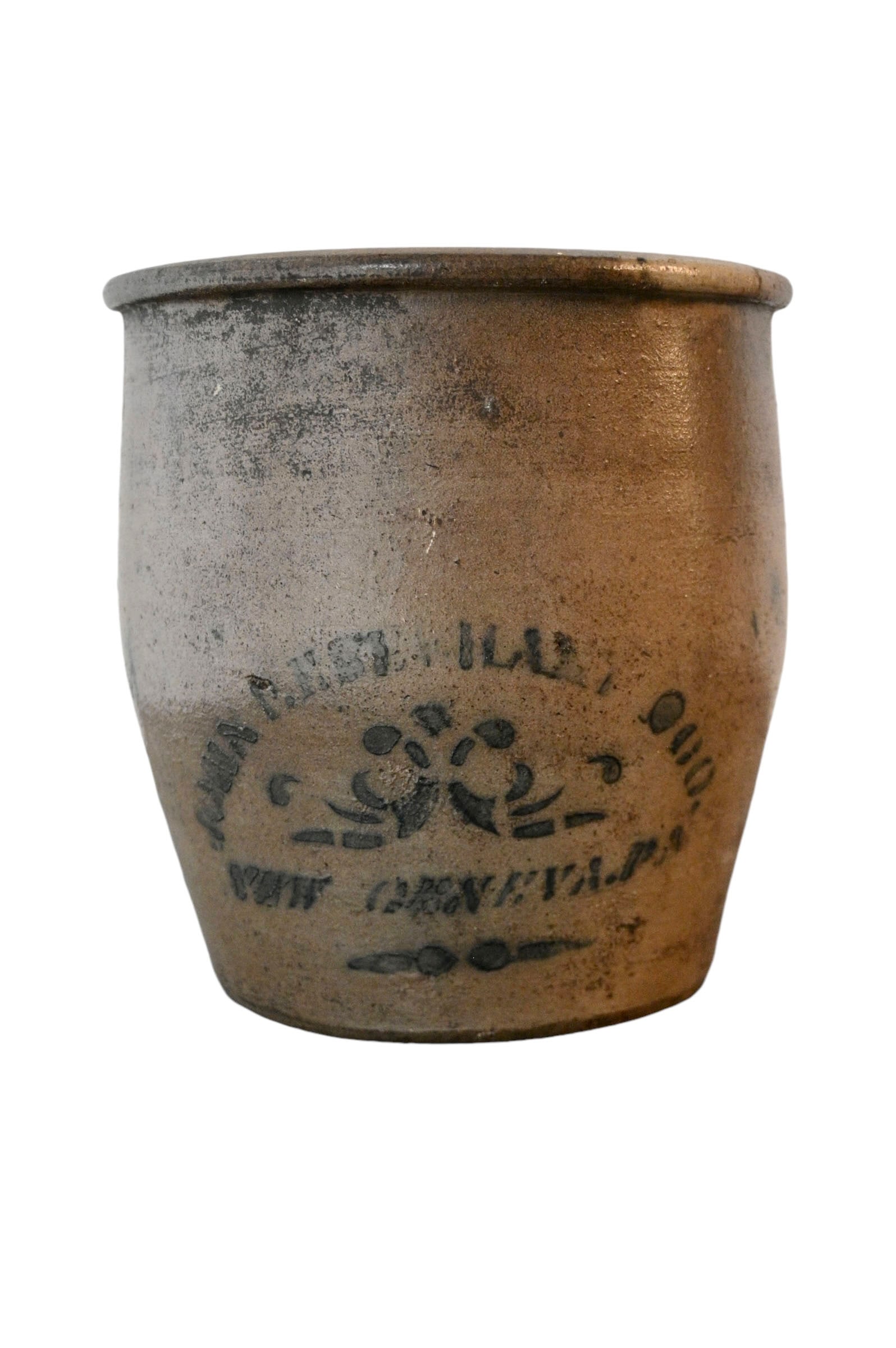 John P. Eberhart & Co. New Geneva, PA Stoneware Crock: John P. Eberhart & Co. New Geneva, PA Stoneware Crock. Blue stencil decoration. 7 3/4dia x 8 1/4h.