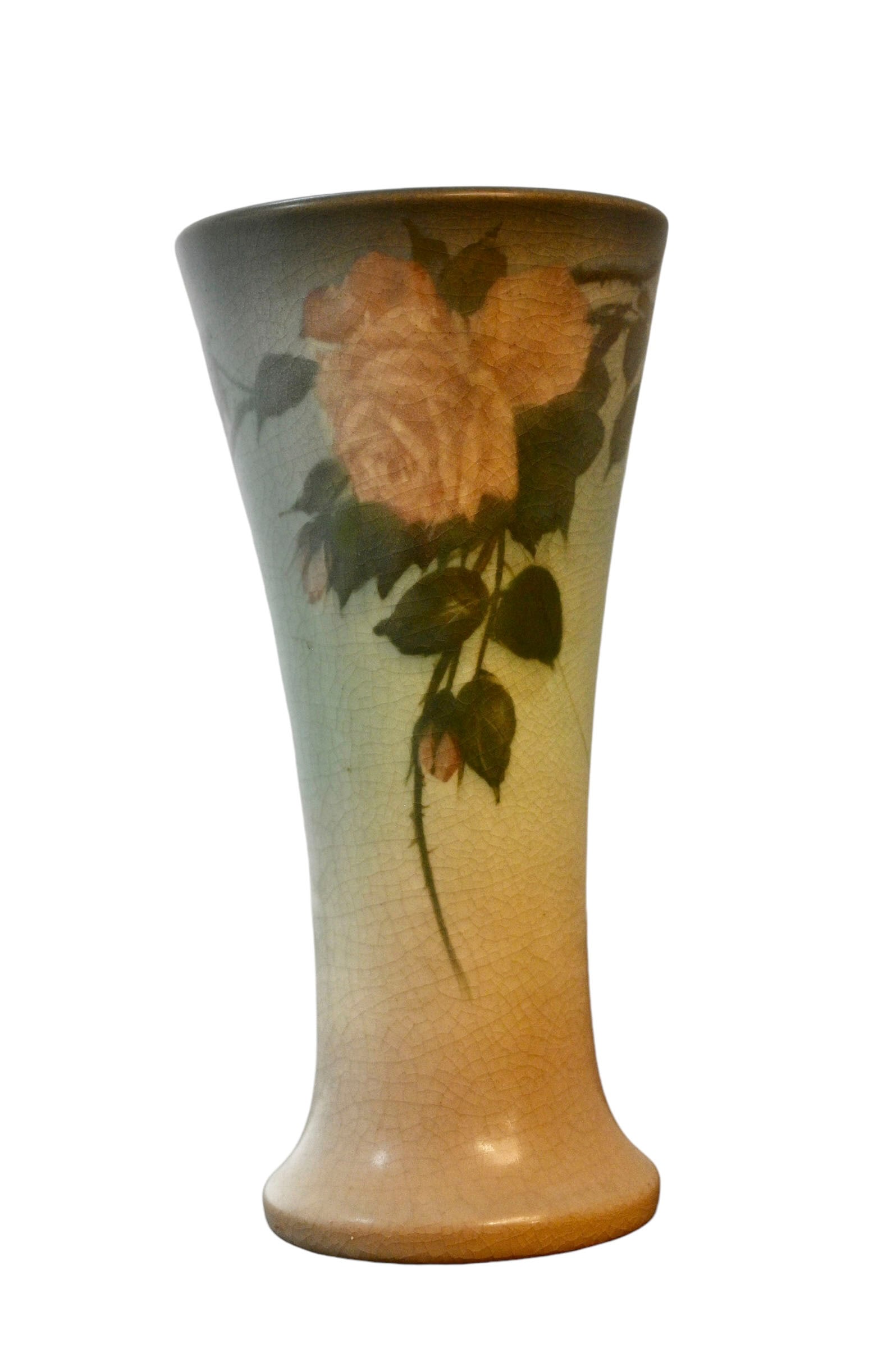 Ed Diers Rookwood Pottery Vellum Glaze Vase, #1357D: Art pottery vase. Decorated with pink flowers. Dated 1913, RP log and shape #1357D. V for Vellum and Ed Diers cipher. Underside is marked with and "X" as well. 4 1/4dia x 8 3/4h.