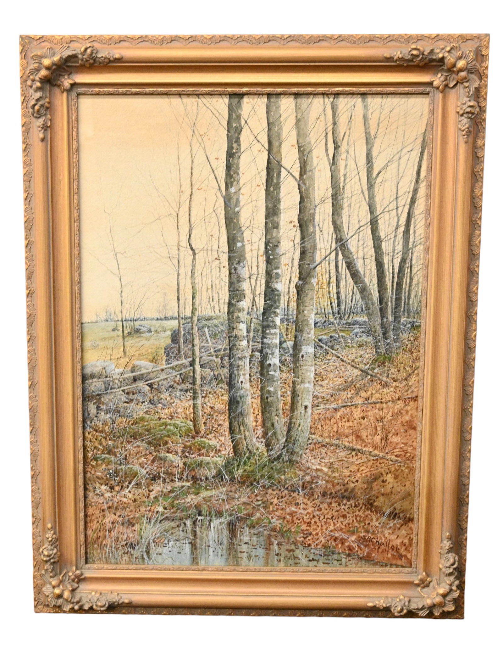 Samuel R. Chaffee (1850- , American) Watercolor, Fall Landscape: Watercolor on paper, untitled, fall landscape. Signed lower right. Housed in gold frame. Sight- 27 1/2 x 19 1/2. Frame - 34 x 26.