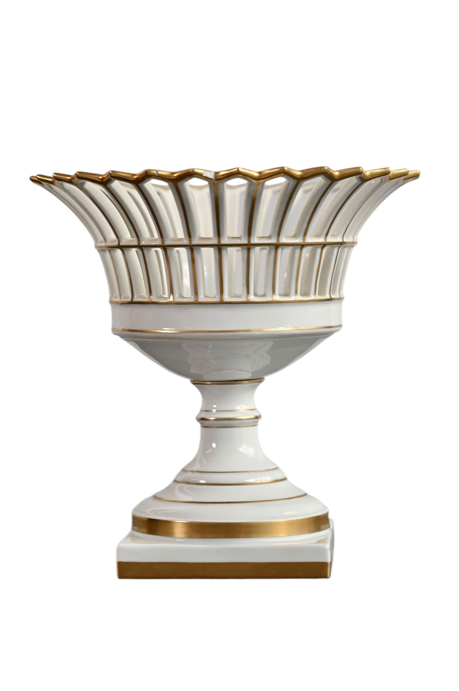 Portuguese Vista Alegre Reticulated Gilt Compote: Portuguese Vista Alegre Reticulated Gilt Compote. 1960. Compote resting on pedestal base. Raised on square base. Marked to underside. 9 1/2 dia x 9 1/4h.