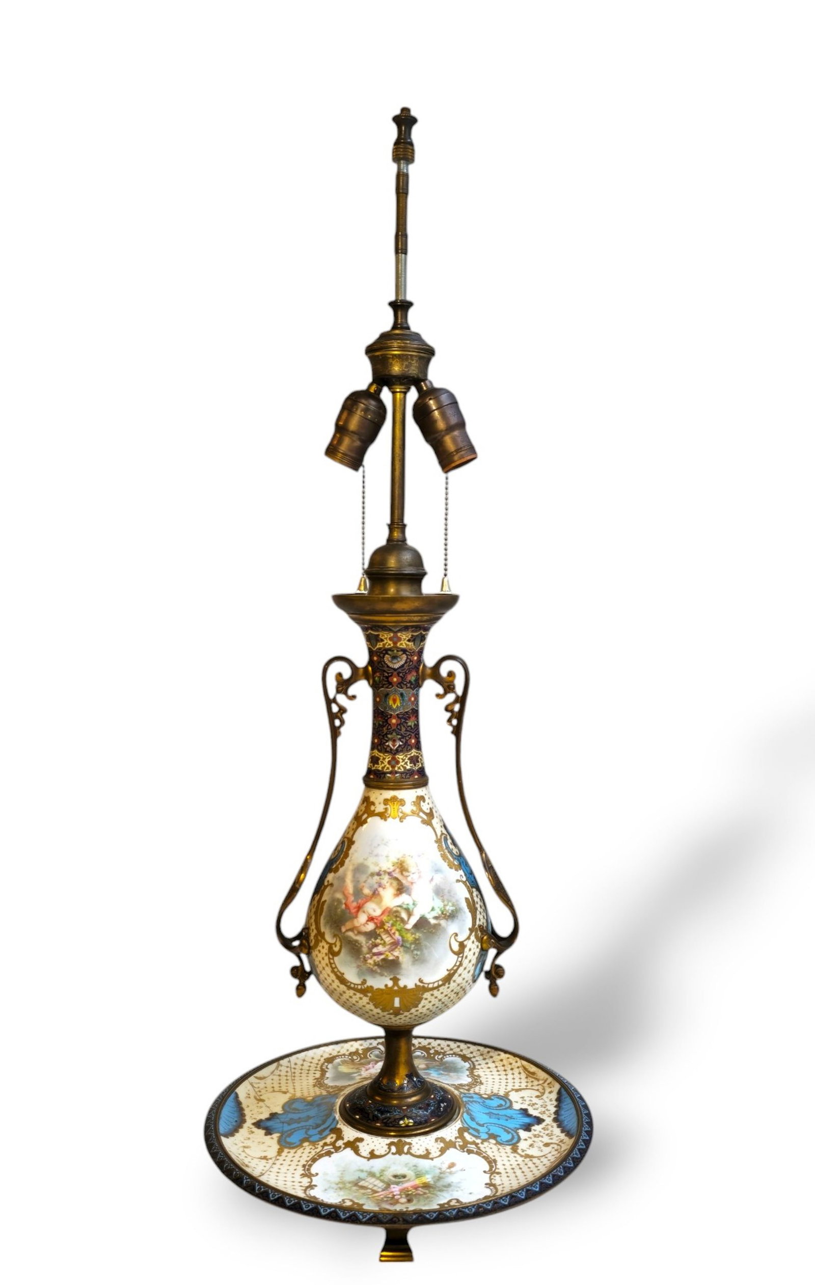 Sevres Style Porcelain & Champleve Enamel and Bronze Mounted Table Lamp (1 of 11)