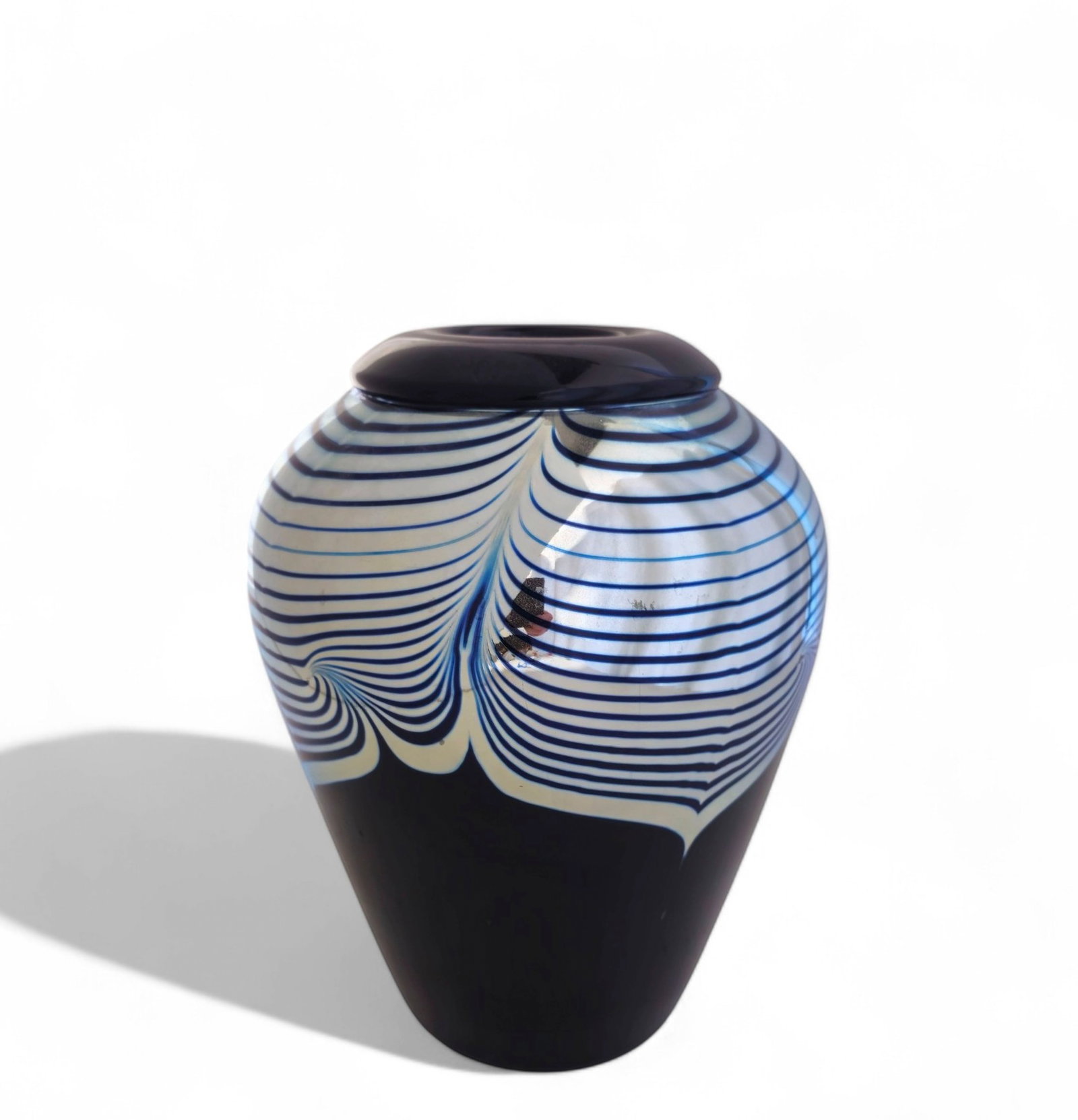 Steven V. Correia Pulled Feather Blue Iridescent Art Glass Vase (1 of 5)
