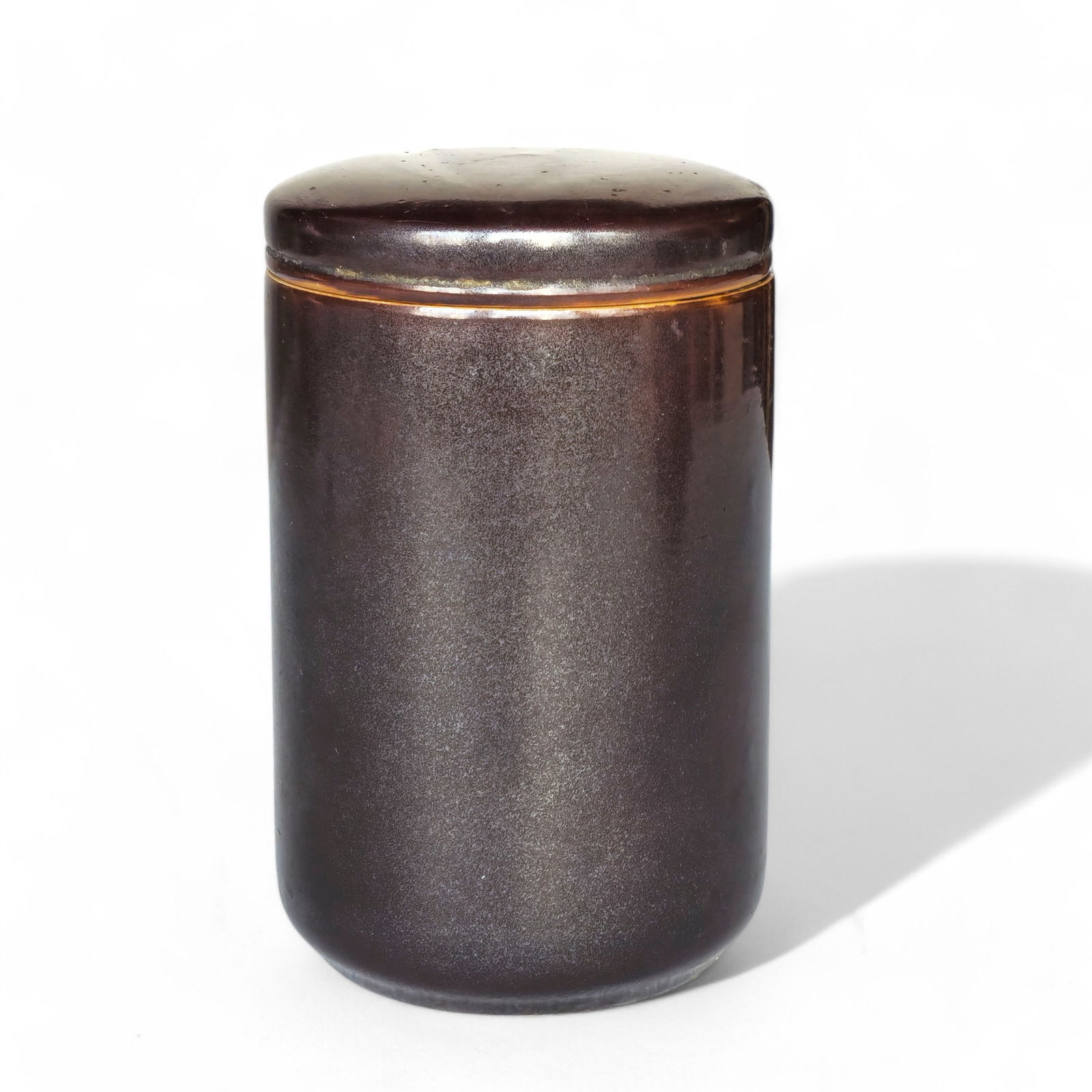 Lauritz Adolph Hjorth Stoneware Box: Lidded box, Bornholm, Denmark. Manufacturer's marks to underside. Glazed stoneware. 3 3/8dia x 5 5/8h