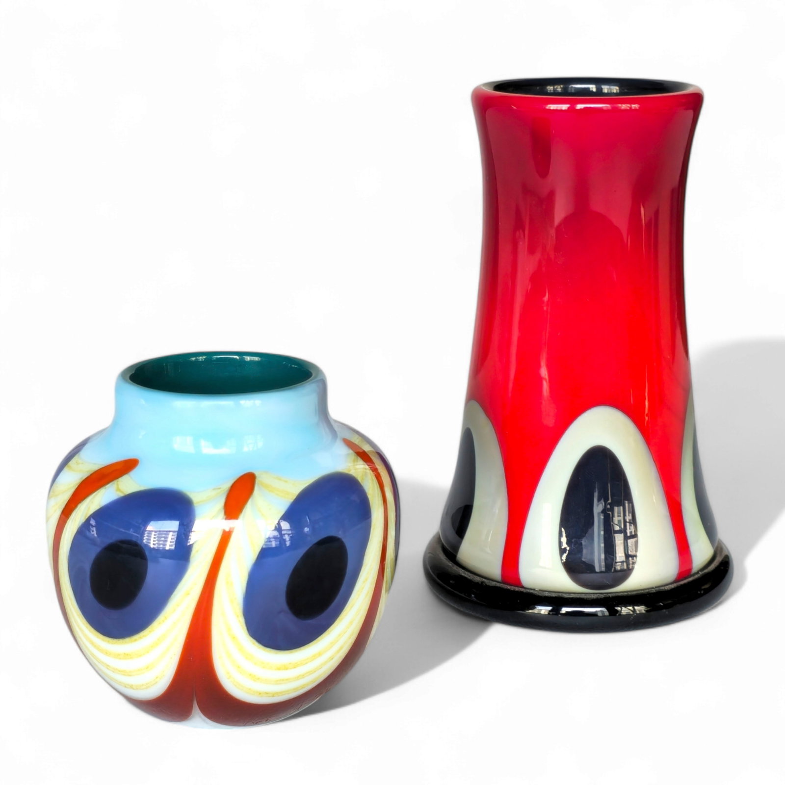 Robert Levin Art Glass Vases: Vases, Robert Levin Studio, USA, 1983 and 1976. Red Vase- 3 1/4dia x 5 1/4h Small Vase- 2 3/4dia x 2 3/4h.