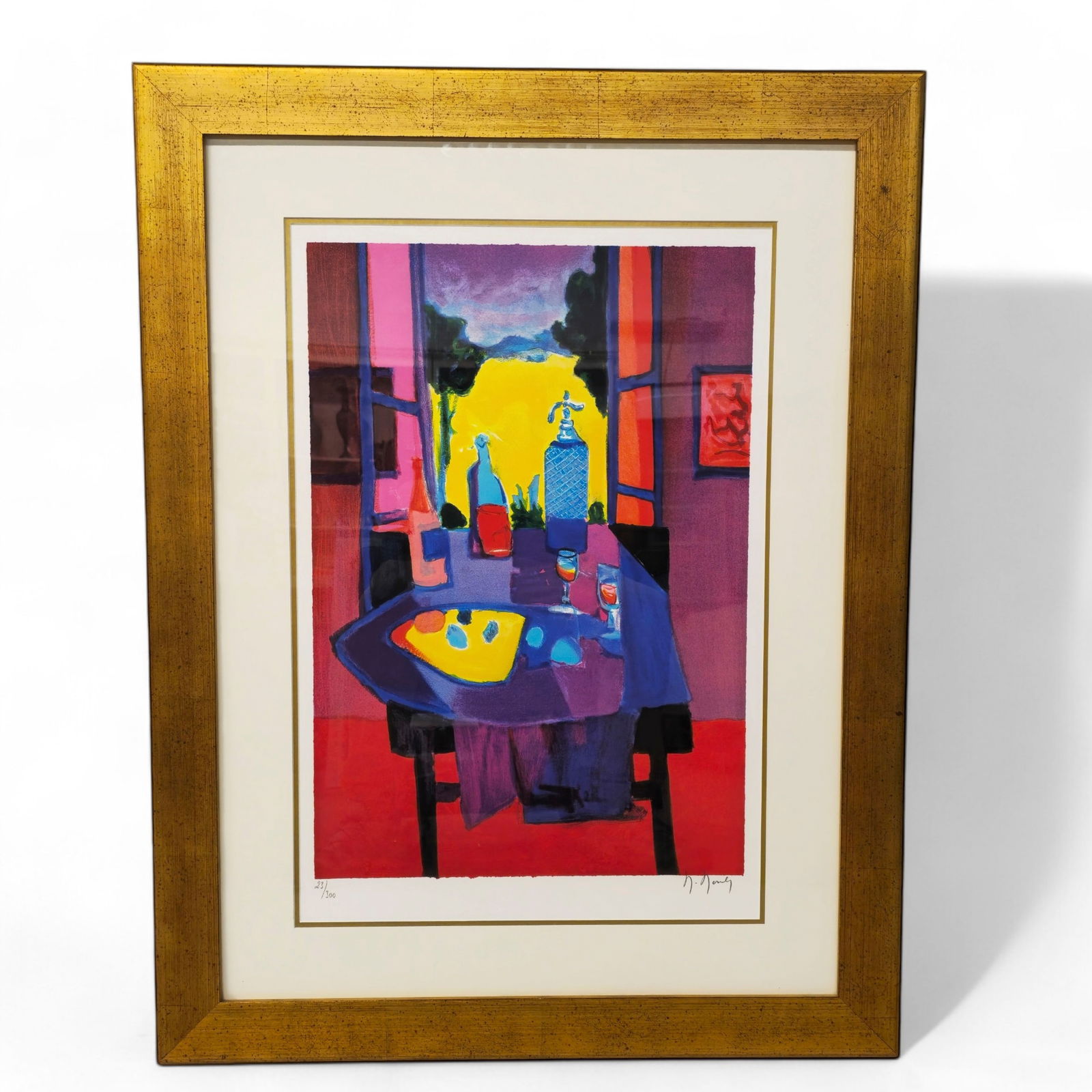 Marcel Mouly (1918-2008)(France) Lithograph "Interieur a La Lumiere Mauve": Lithograph on woven paper, "Interieur a La Lumiere Mauve" signed lower right and numbered 23/300 lower left. Image size- 25 3/4 x 17 1/2 Frame- 36 1/4 x 27 7/8. 1d.