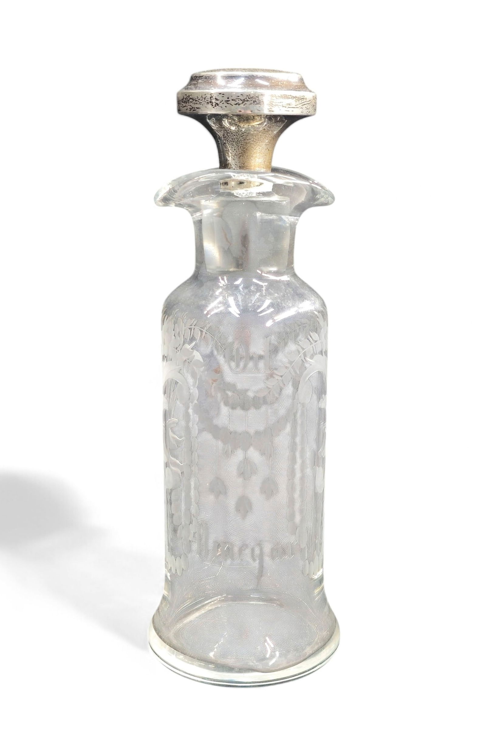 Etched Glass Oil & Vinegar Jar with Sterling Stopper: Etched glass oil and vinegar bottle with bellflowers and foliage. Sterling silver and glass stopper. 2 1/2dia x 7 1/4h