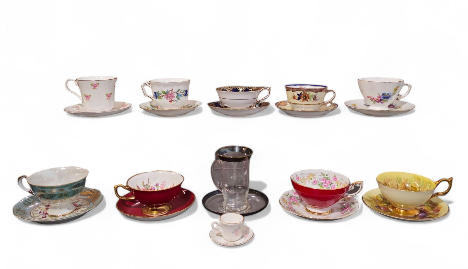 Assembled Porcelain Cups & Saucers & Glass: (10) Porcelain cups and saucers with (1) glass Irish coffee cup and saucers. Aynsley Harvest, miniature Victoria Jane, Oakley China Ltd., Springfield, Aynsley, Noritake, L& M Paragon, Royal Standard a
