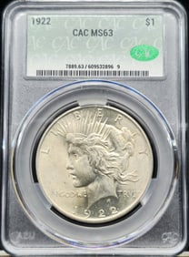 1922 Peace Silver Dollar MS 63 CAC Toned
