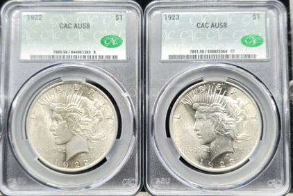 1922 & 1923 Peace Silver Dollars AU 58 CAC