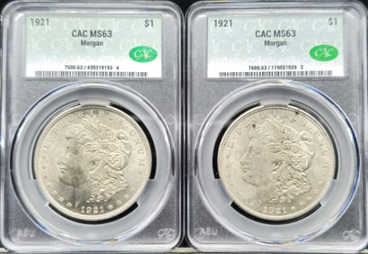 1921 Morgan Silver Dollars MS 63 CAC Toned