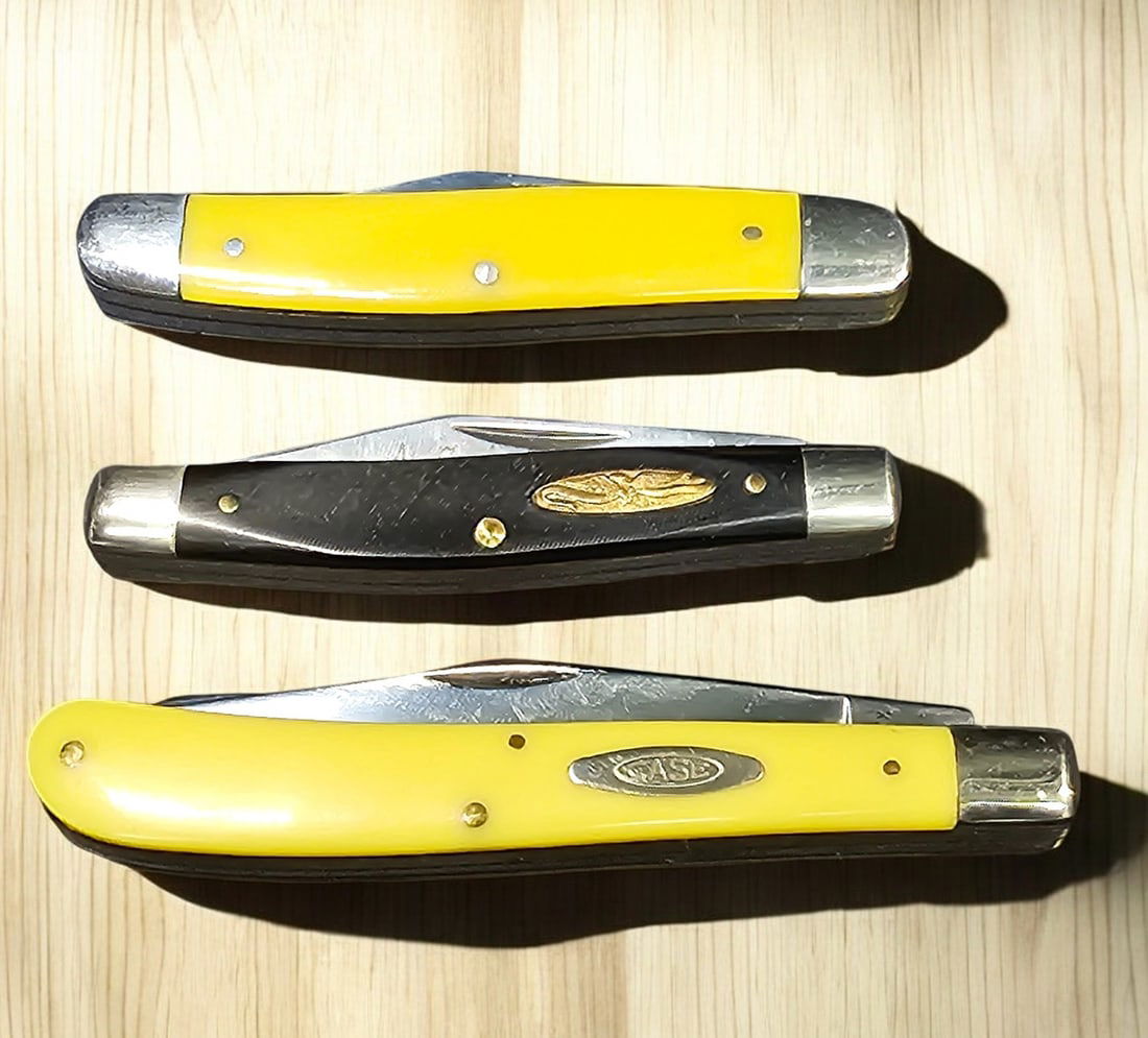 Case XX USA 10 Dot Yellow 32048 Slimline Trapper Farmers Jack Knife & Vintage Ka-Bar Pocket Knife 2: Case XX USA 10 Dot Yellow 32048 Slimline Trapper Farmers Jack Knife - Yellow Composition Handles - Has Crack at rear middle rivet - Nickel Silver Bolsters - Brass Liners - Snaps Open and Shut. Open: 7