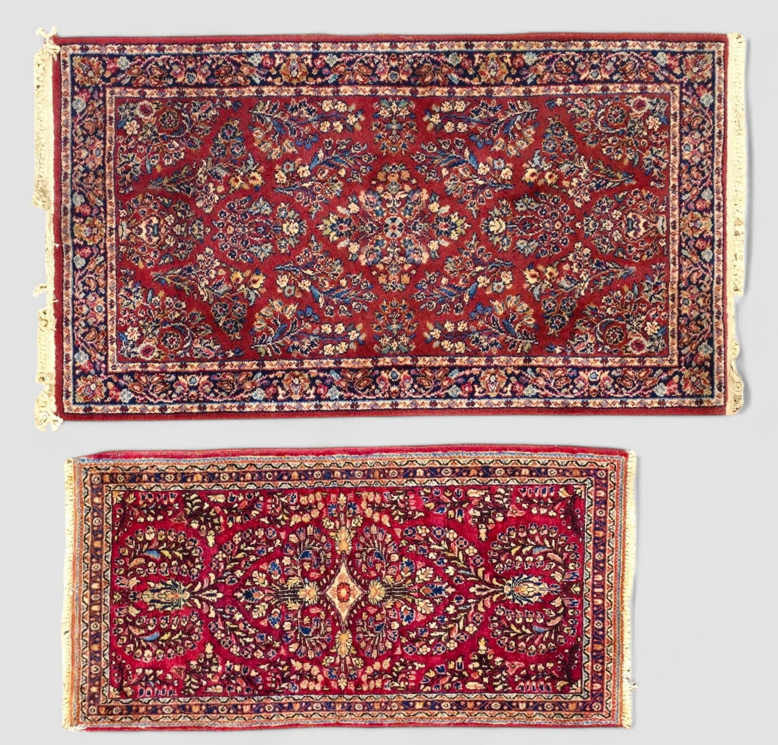 Persian Style Area Rugs: (2) small area rugs with all over garden design over red fields. 2' 10 1/2" x 5' and 2' 11" x 4' 2"