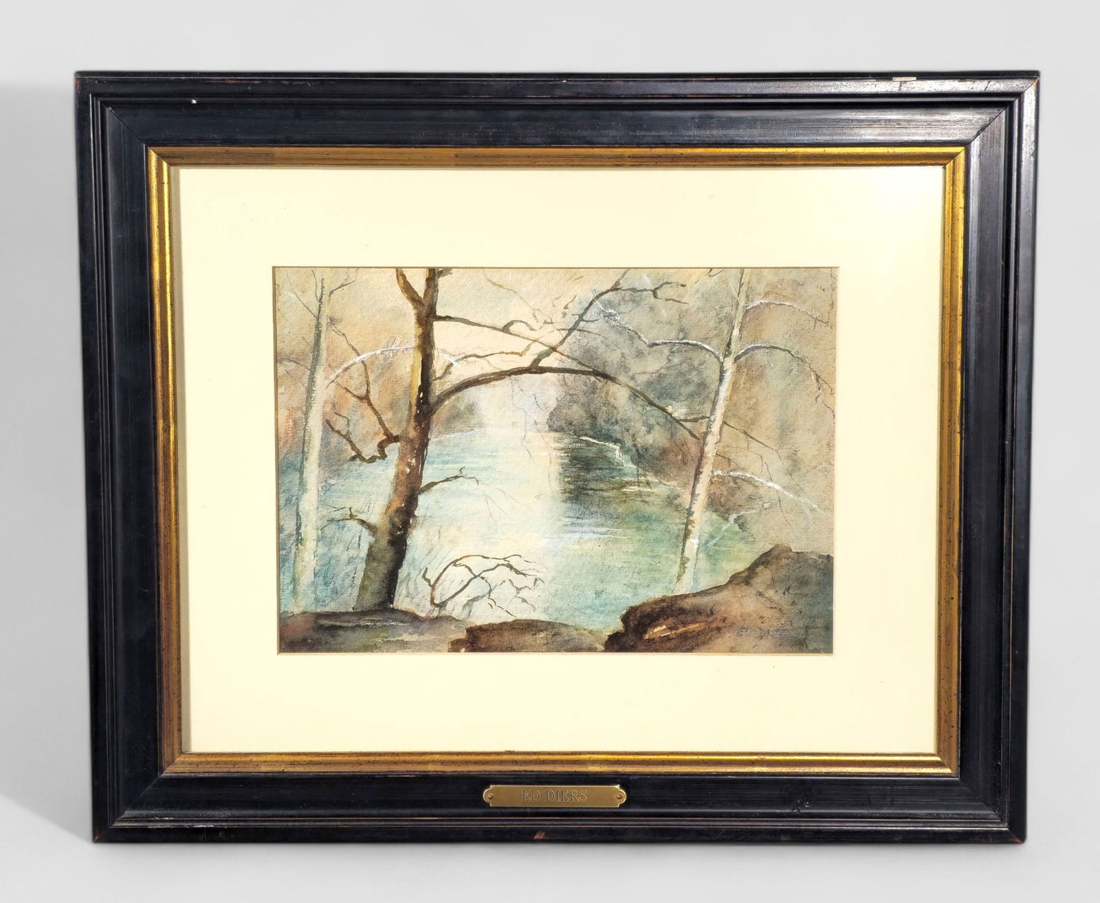 Edward Diers (1871-1947, Cincinnati) Watercolor, River Bank: Watercolor on paper, untitled, River Bank. Signed lower right. Housed in ebony and gilt frame. Sight- 6 3/4 x 9 3/4 Frame- 13 1/2 x 16 1/4