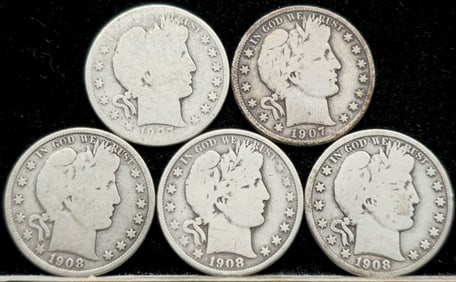 1907 & 1908 Barber Silver Half Dollars