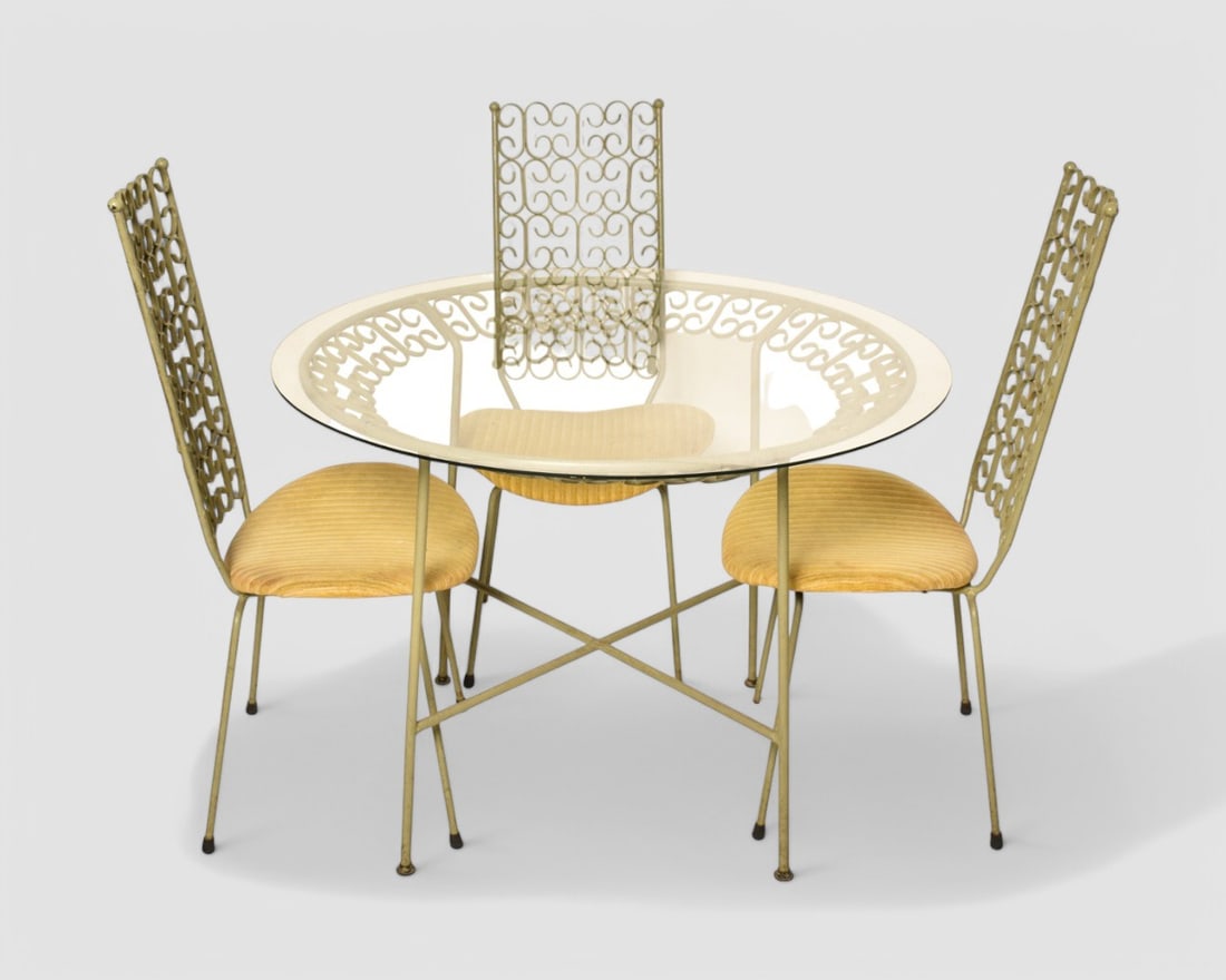 Arthur Umanoff "Grenada" Dining Set: Arthur Umanoff "Grenada" Dining Set. Dining table and chairs, set of 3. USA. 1964. Glass, iron, and upholstery. Chairs - 18 1/2w x 18 1/2d x 40 1/2. SH - 17 1/4. Table - 36dia x 28 1/2h.