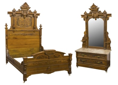 Thomas Brooks (Attribution) Victorian Burl Walnut Bed & Burl Walnut Dresser