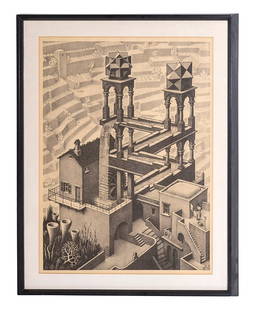 M.C. Escher (1898-1972) Lithograph: Lithograph on French paper, "Waterfall" Signed in the plate lower right x-61 MCE. Garner & Smith Gallery label to verso. 20 1/2 x 16 1/4 image size