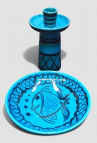 Hoffman Pottery Blue Fish Dish & Candlestick