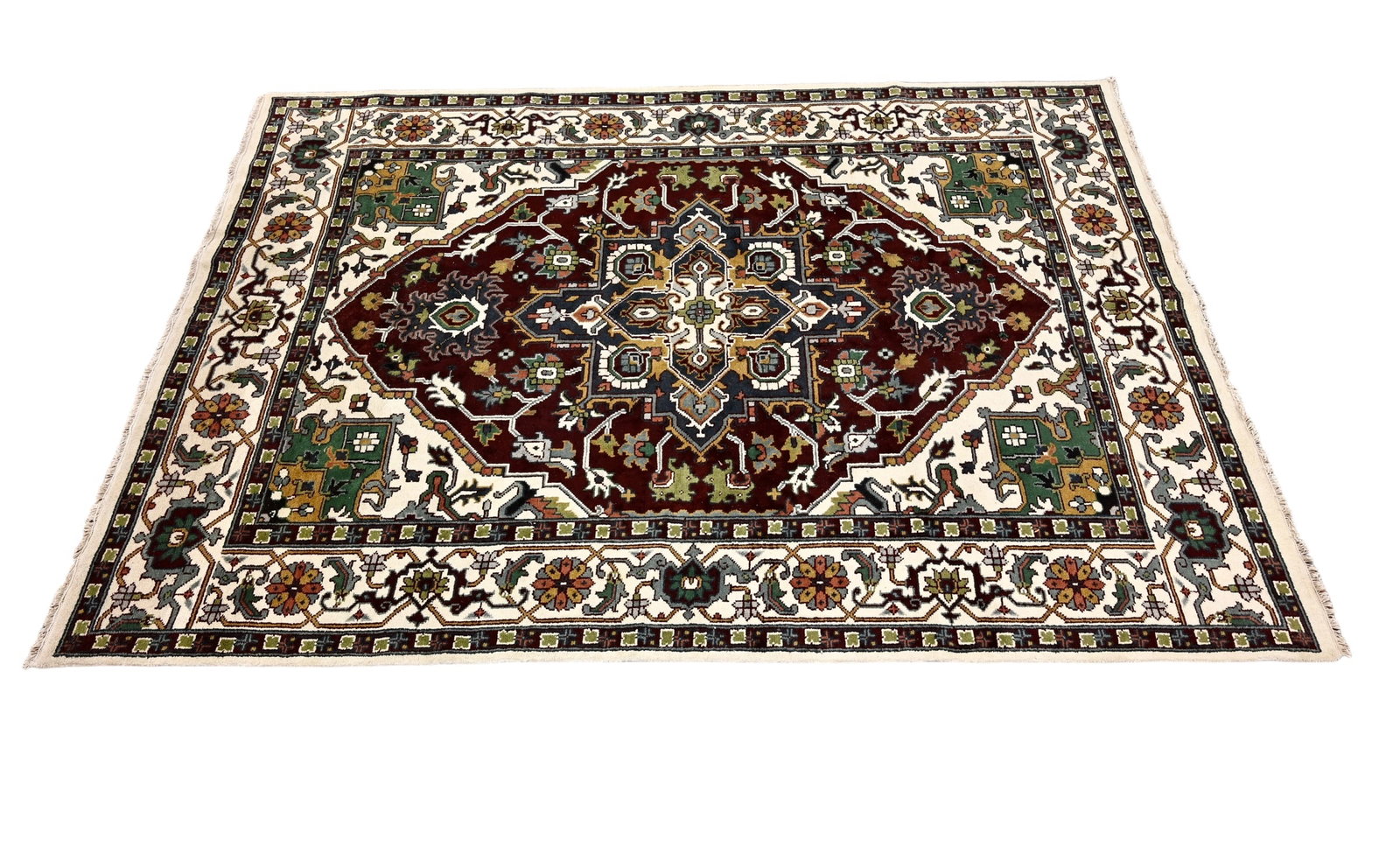 Heriz Persian Rug: Heriz Persian Rug. All over garden design over a beige filed and eggplant center medallion. 8'10" x 12'.