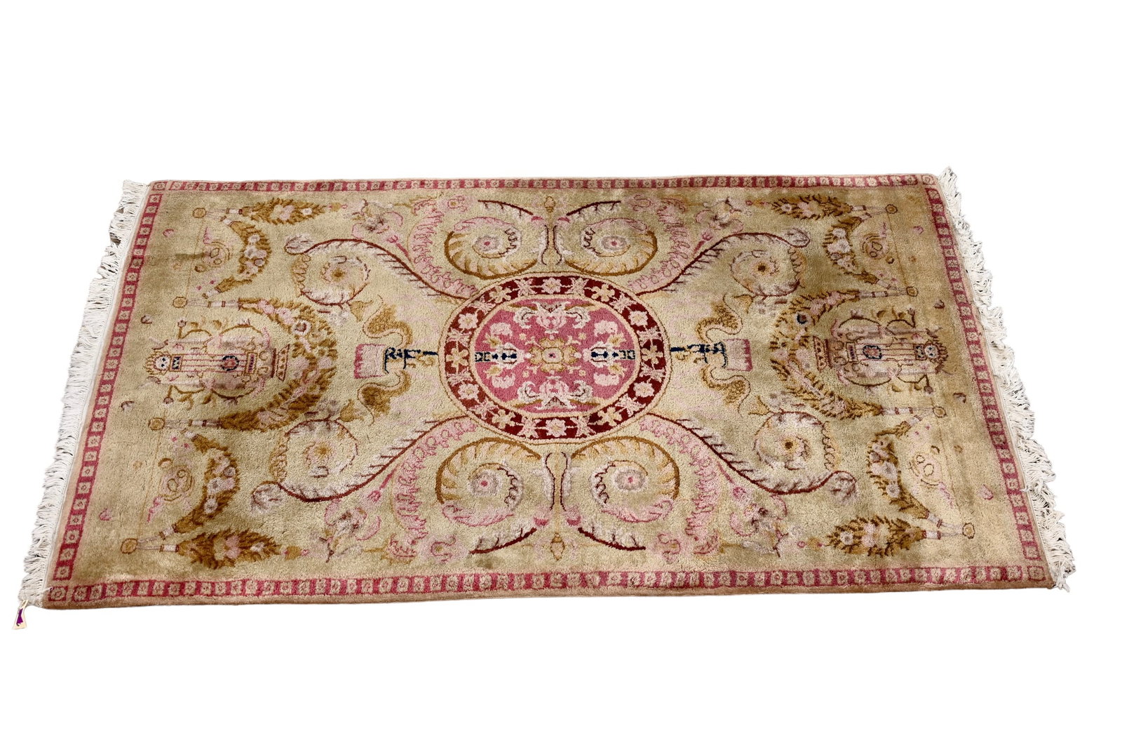 Oushak Area Rug: Oushak Area Rug. Flowering branches over a camel field with red border and center medallion. 4' 11 1/2" x 7'.