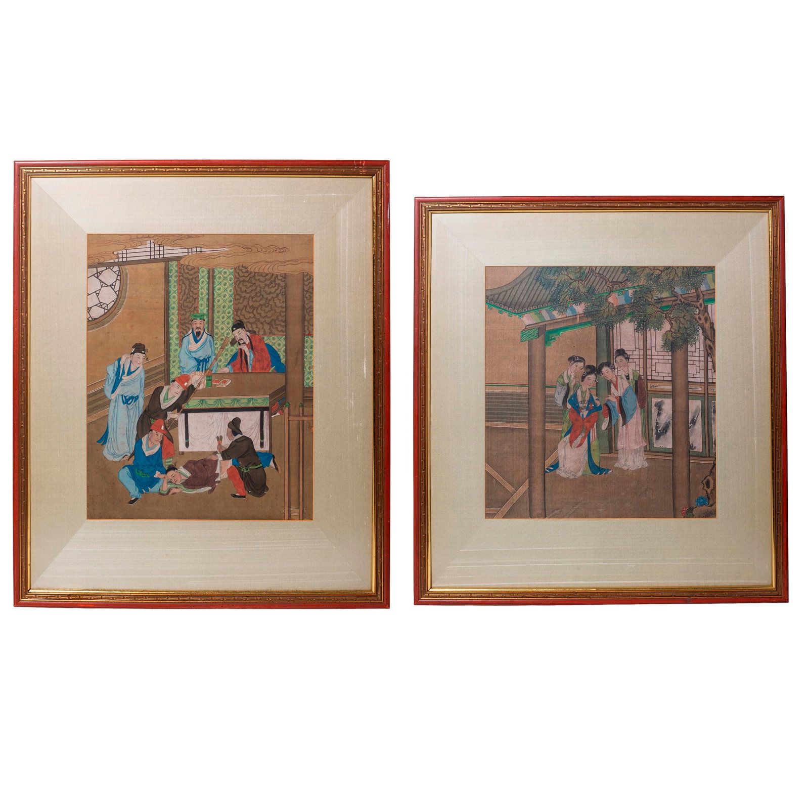 19th Century Chinese Paintings: 2 mixed media figural paintings. In palace settings. Silk mats and beautifully framed. Sight(s)- 20 x 15 3/4, 18 1/4 x 16 3/4. Frames 31 1/4 x 26 1/4, 29 3/4 x 27 1/4.