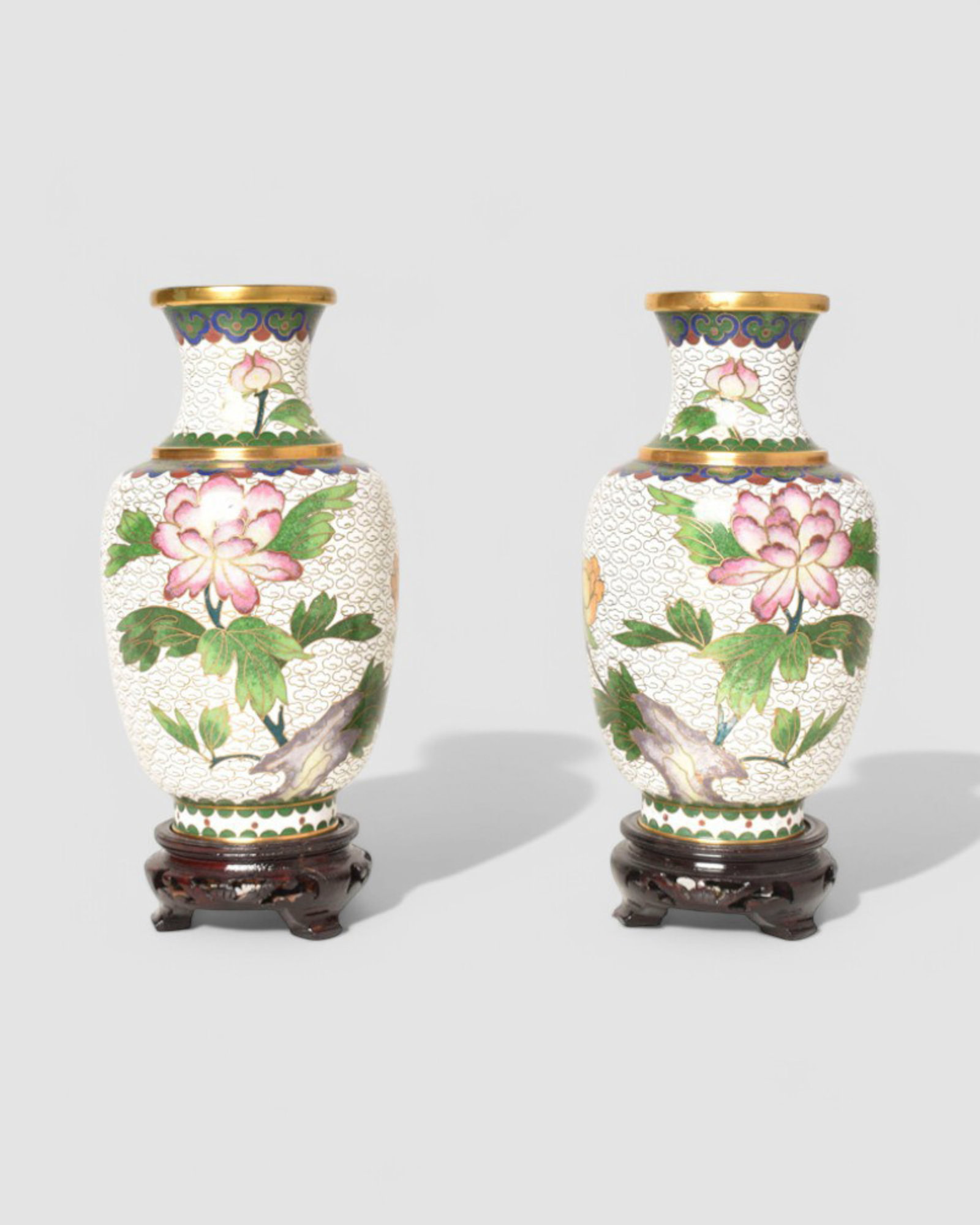 Japanese Closionne Vases: Japanese Closionne Vases, pair. On teak stands. 3 1/2dia x 6 1/4h Overall- 7 1/4h