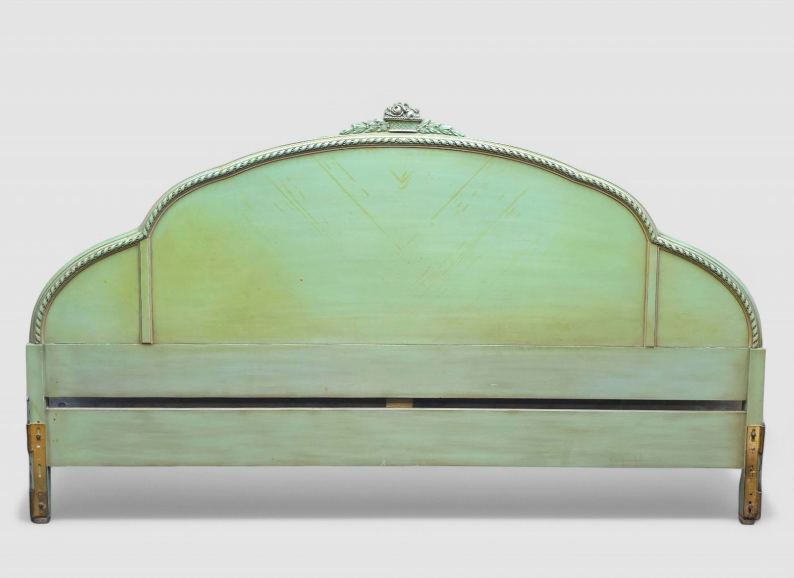 Swedish Mint Green King Size Headboard: Swedish Mint Green King Size Headboard. 2nd quarter of 20th century. Carved arch border with carved fruit basket center pediment. Silver accents. 80 1/2w x 2d x 47 3/4h.