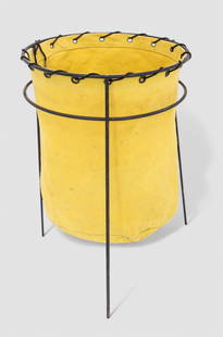 Tony Paul Waste Basket: Waste basket, Woodland, USA, circa 1950. enameled metal, brass, rope, and canvas. 13w x 12.5d x 18.25h