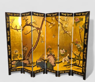 Six Panel Gilt & Ebony Chinese Screen