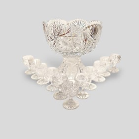 American Brilliant "Harvard" Cut Glass Punch Bowl & Cups