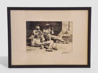 Black American Etching "Lunchtime 12:30"