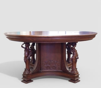 Highly Carved Full Figure Oak Dining Table Attributed to RJ Horner