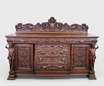 Highly Carved Full Figure Oak Sideboard Attributed to RJ Horner