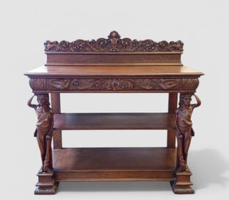 Highly Carved Full Figure Oak Server Attributed to RJ Horner