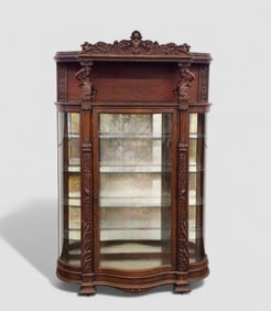 Highly Carved Oak Figural China Cabinet