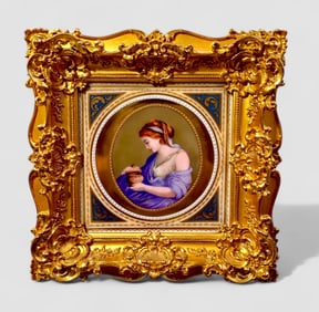 Royal Vienna Porcelain Plaque Lady Holding Lidded Vessel