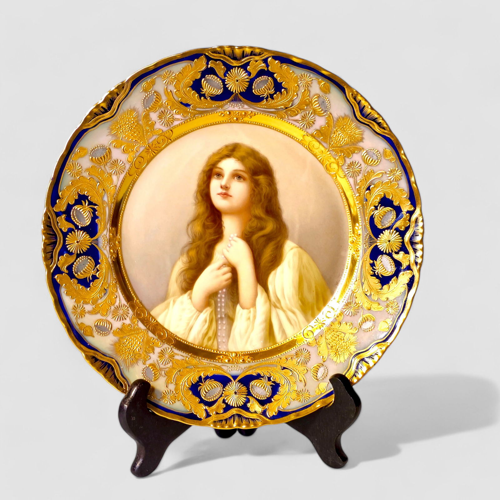 Royal Vienna Porcelain Portrait Plate Young Woman with Rosary, Signed Wagner (1 of 7)